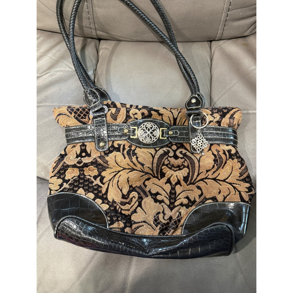 Gold Black Damask Tapestry Shoulder Bag Faux Croc Trim Silver Medallion Charm‎